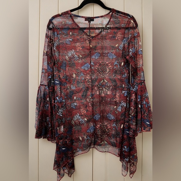 BNWT Dor Dor Couture Multi Floral Mesh Boho Pullover Flared Sleeve Top Sz MED - Picture 2 of 8